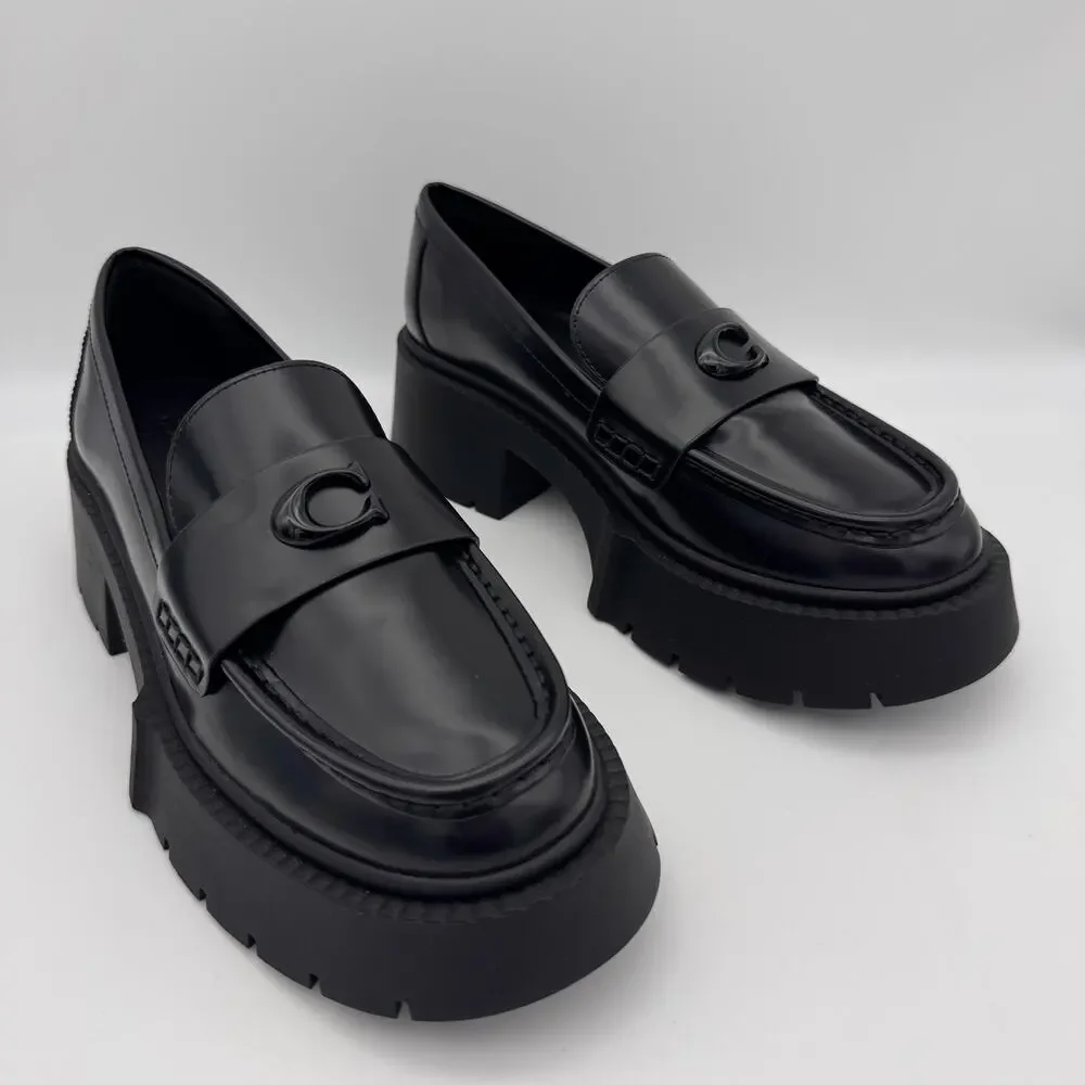 Coach Leah Loafers Womens Size 6 Leather C Logo Lug Sole Shoes CZ382 Black 6B